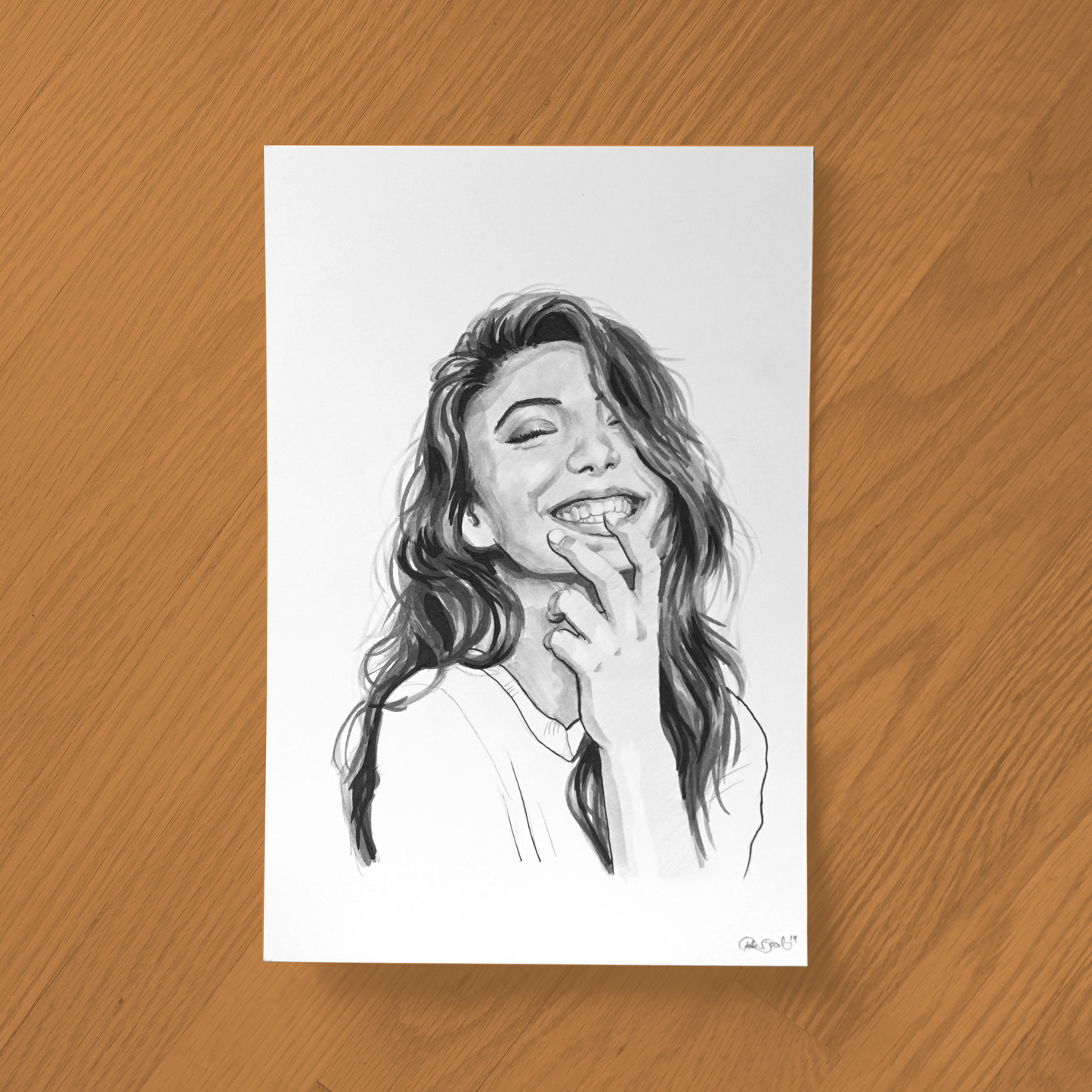 Happy Girl Ink Drawing