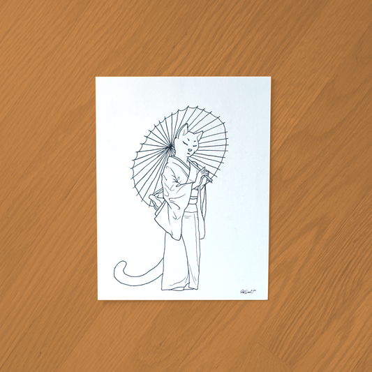 Japanese Cat Ink Drawing