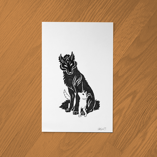 Wolf & Pup Ink Drawing